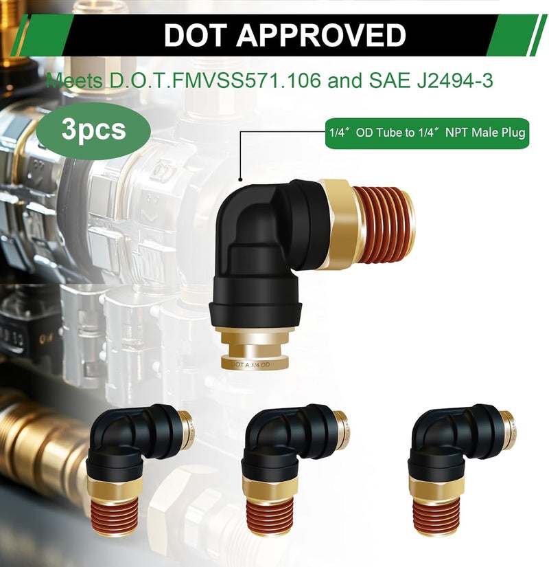 Japtend 1/4 inch DOT Air Hose Fittings 90 Degree Union Elbow， 3PCS 1/4" Tube OD x 1/4" NPT Thread Quick Connect Hose Fittings PTC/PTCR & Brass for Truck Trailers Industry Air System - Image 4